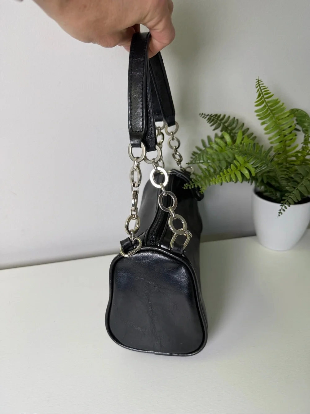 Black Faux Leather with Silver tone Chain-Accent Shoulder Bag